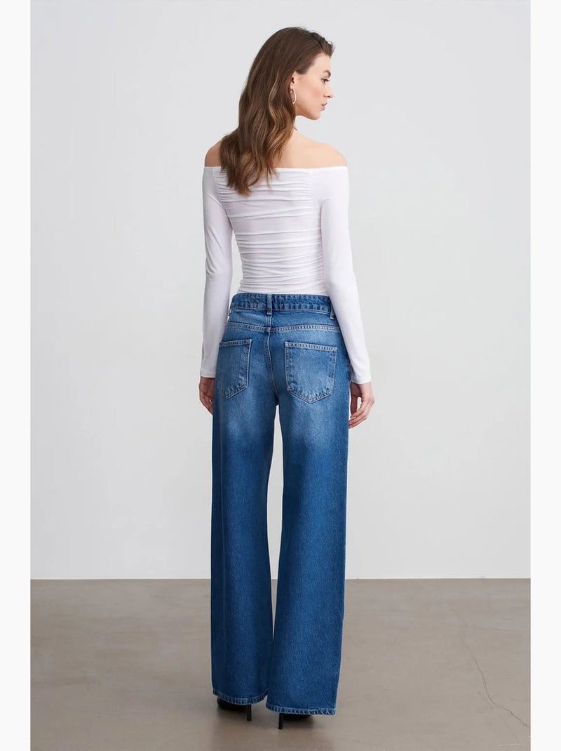 Vaqueros de denim de algodón de tiro bajo y pernera ancha dilvin Azul zafiro - Kiabi
