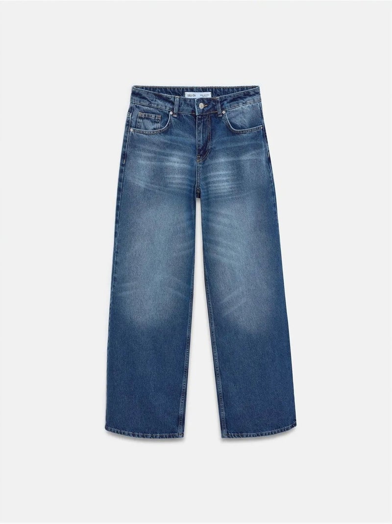 Vaqueros de denim de algodón de tiro bajo y pernera ancha dilvin Azul zafiro - Kiabi