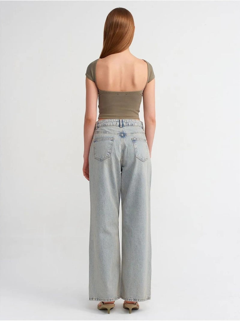 Vaqueros de denim de algodón de tiro medio y pernera ancha dilvin Azul claro - Kiabi