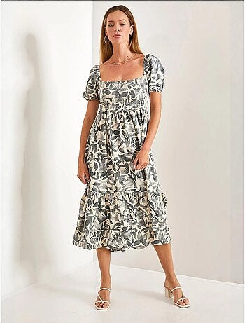 Vestido acampanado con escote cuadrado y fruncido lucci