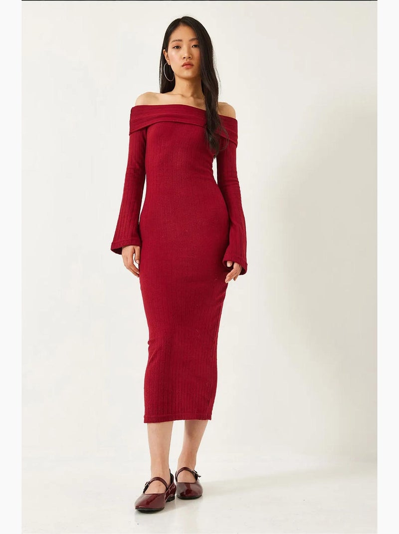Vestido acanalado con mangas acampanadas y cuello madonna lucci Rojo burdeos - Kiabi
