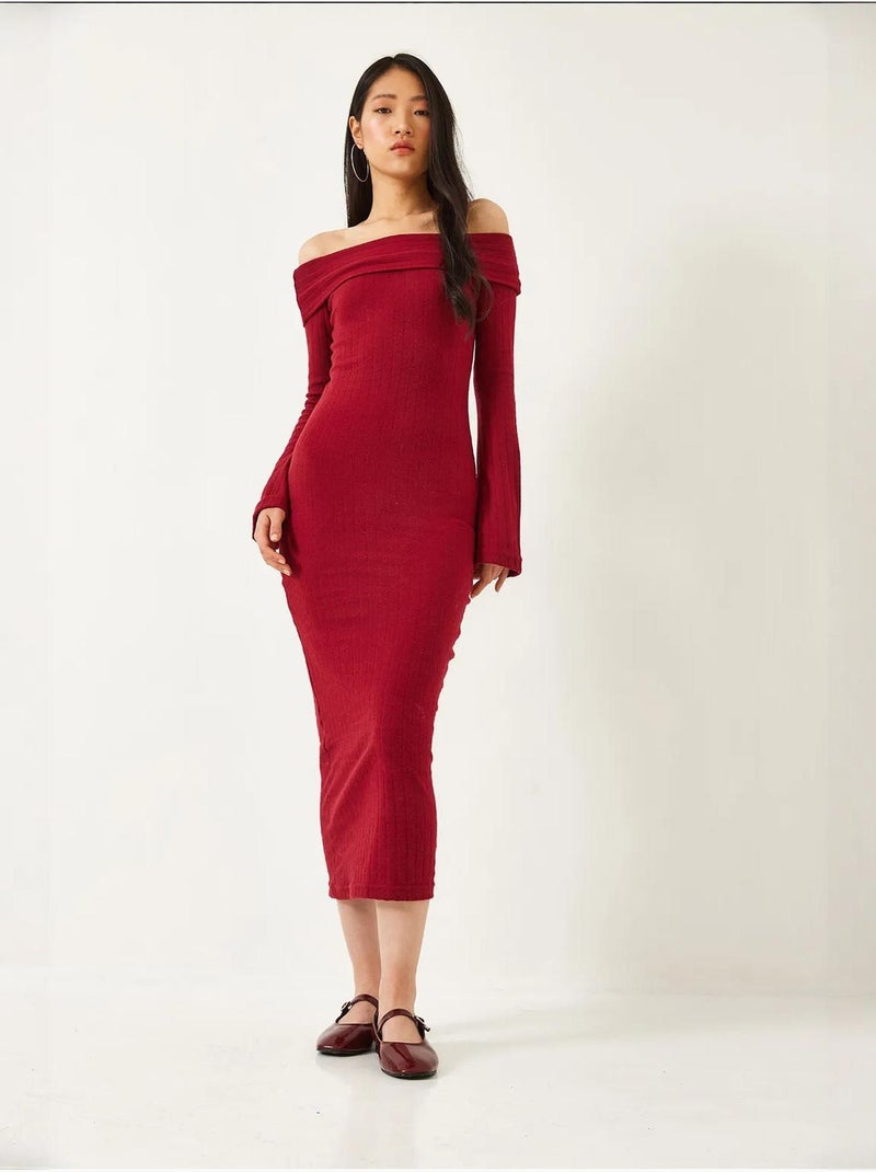 Vestido acanalado con mangas acampanadas y cuello madonna lucci Rojo burdeos - Kiabi