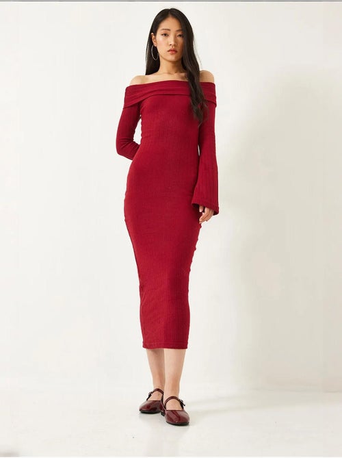 Vestido acanalado con mangas acampanadas y cuello madonna lucci - Kiabi