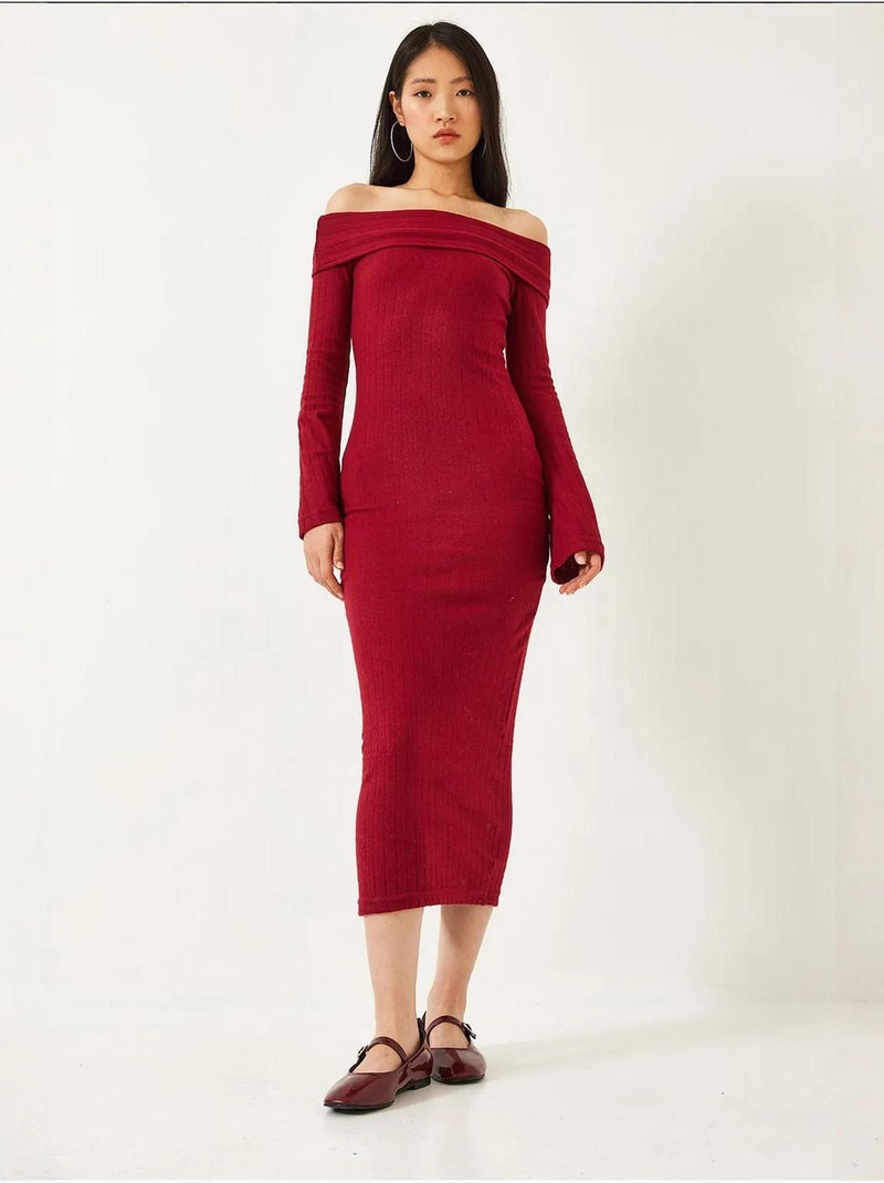 Vestido acanalado con mangas acampanadas y cuello madonna lucci Rojo burdeos - Kiabi