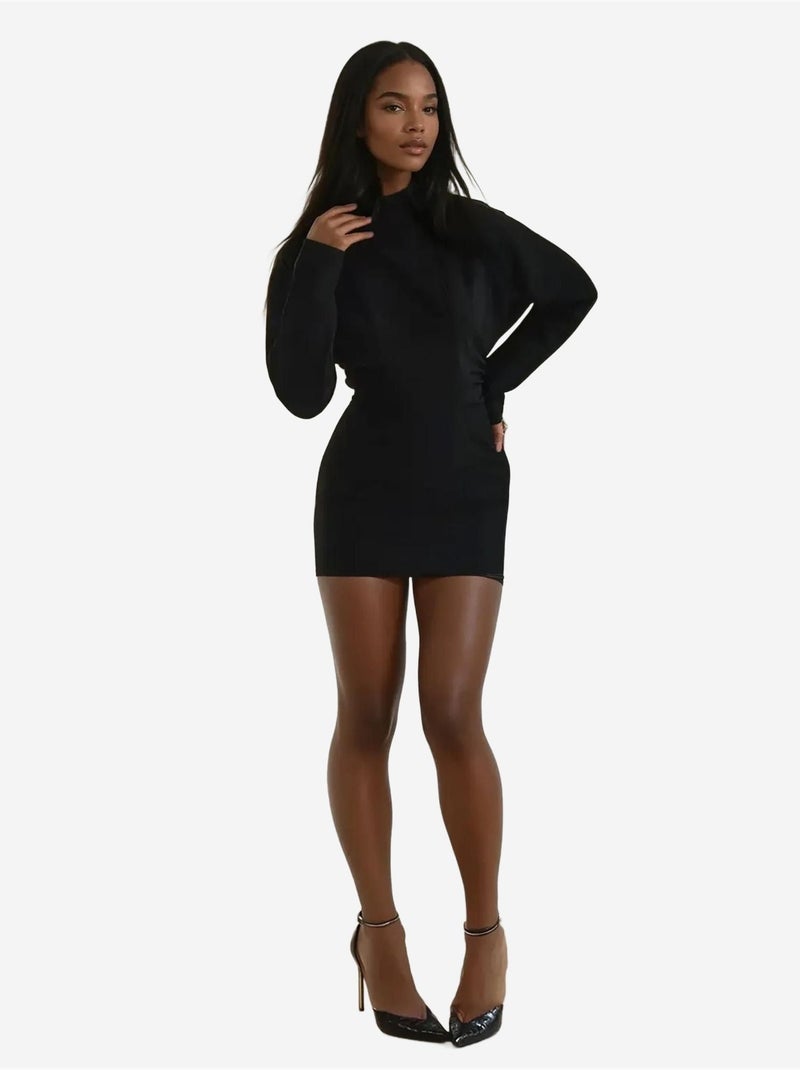 Vestido ajustado plisado con mangas de murciélago Negro - Kiabi