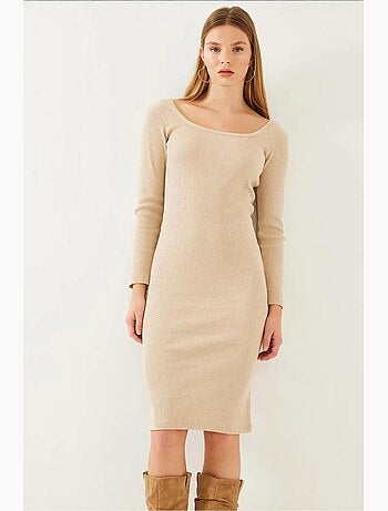 Vestido básico de canalé con cuello cuadrado y manga larga de bianco lucci