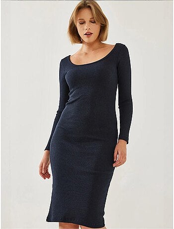 Vestido básico de canalé con cuello cuadrado y manga larga lucci