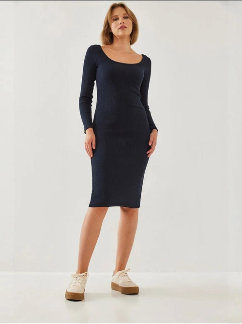 Vestido básico de canalé con cuello cuadrado y manga larga lucci - Kiabi