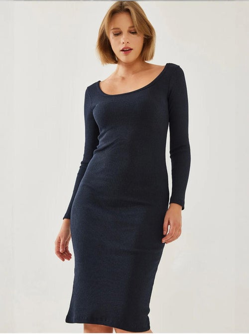 Vestido básico de canalé con cuello cuadrado y manga larga lucci - Kiabi