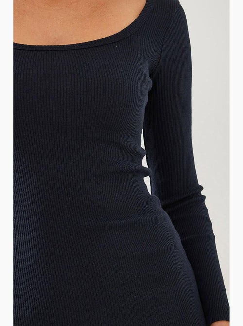 Vestido básico de canalé con cuello cuadrado y manga larga lucci - Kiabi