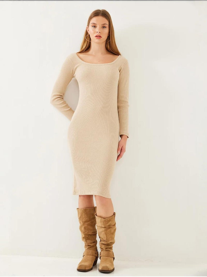 Vestido básico de canalé con cuello cuadrado y manga larga lucci Beige arcilla - Kiabi