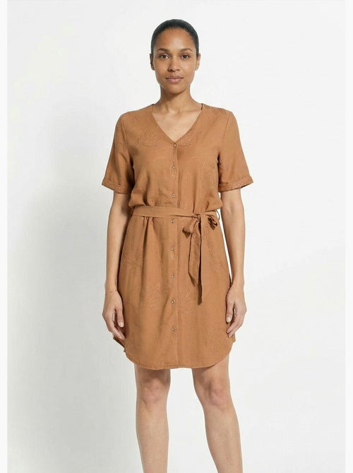 Vestido camisero con escote en pico, bordado con follaje. - Afibel - Kiabi