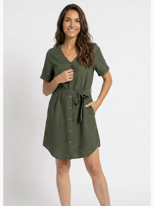 Vestido camisero con escote en pico, bordado con follaje. - Afibel - Kiabi
