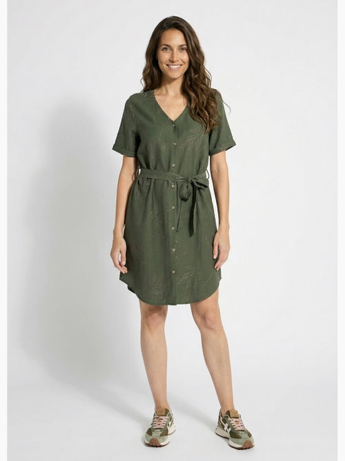 Vestido camisero con escote en pico, bordado con follaje. - Afibel - Kiabi
