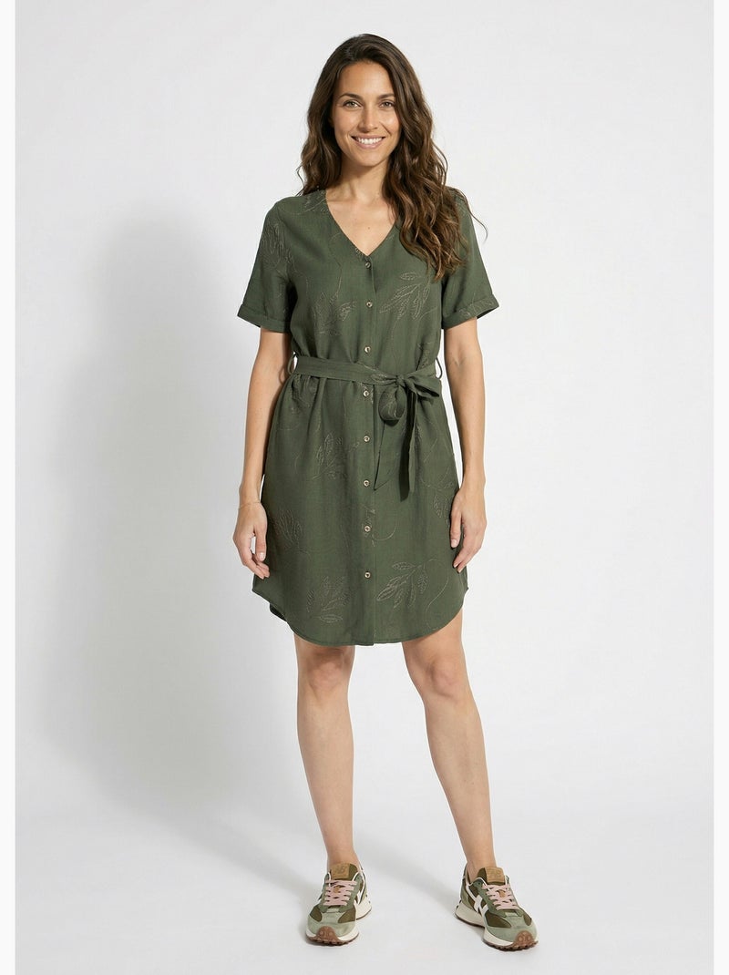 Vestido camisero con escote en pico, bordado con follaje. - Afibel Caqui - Kiabi