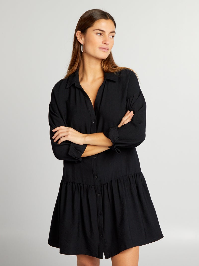 Vestido camisero con volantes negro - Kiabi