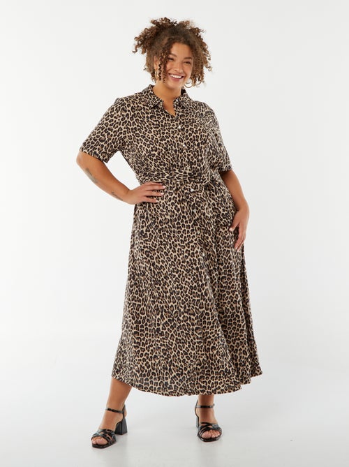 Vestido camisero corte ancho con motivo y manga corta - Kiabi