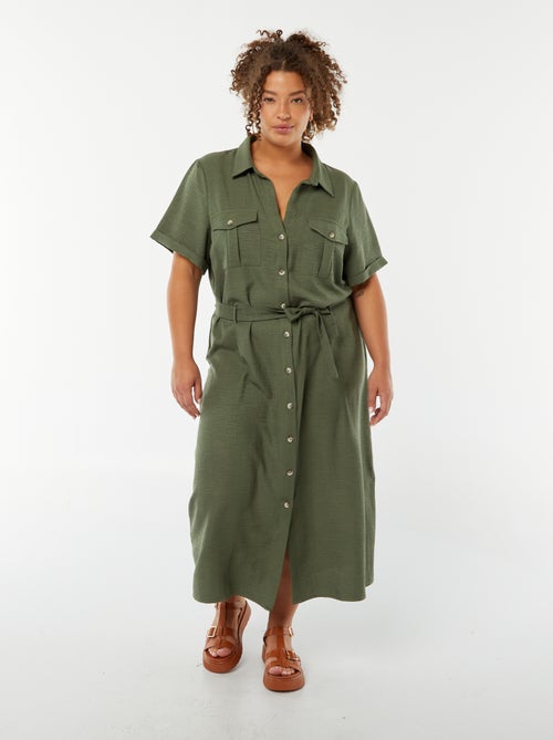 Vestido camisero corte midi de manga corta con cinturón - Kiabi