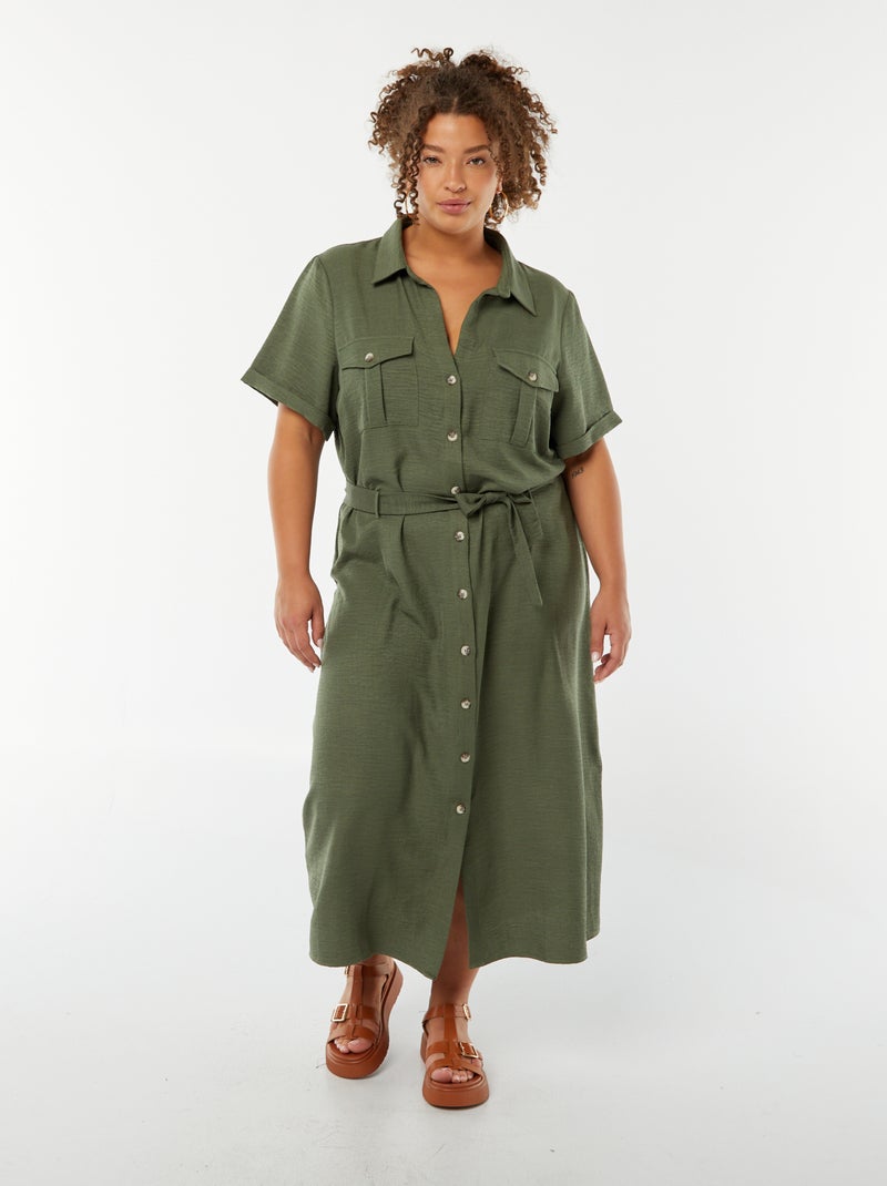 Vestido camisero corte midi de manga corta con cinturón Kaki - Kiabi