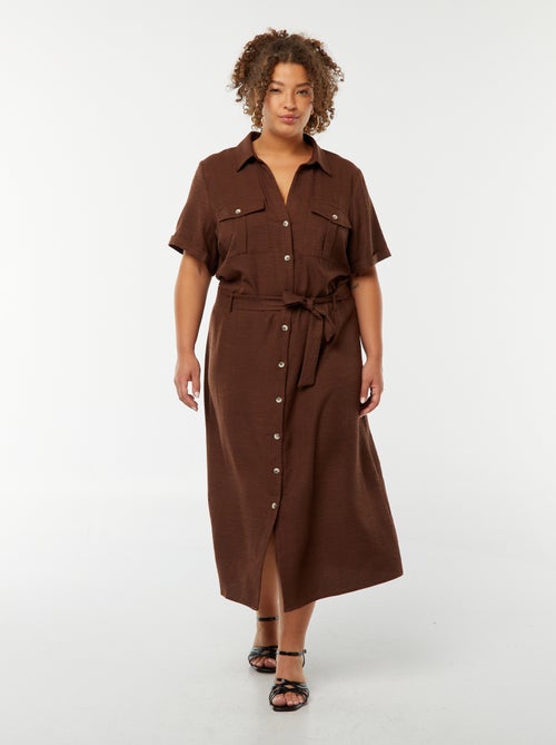 Vestido camisero corte midi de manga corta con cinturón - Kiabi
