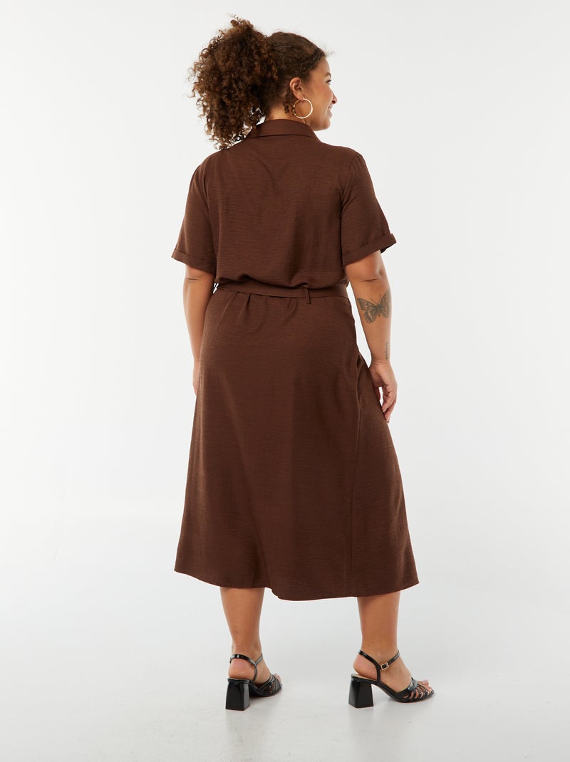 Vestido camisero corte midi de manga corta con cinturón Marron - Kiabi