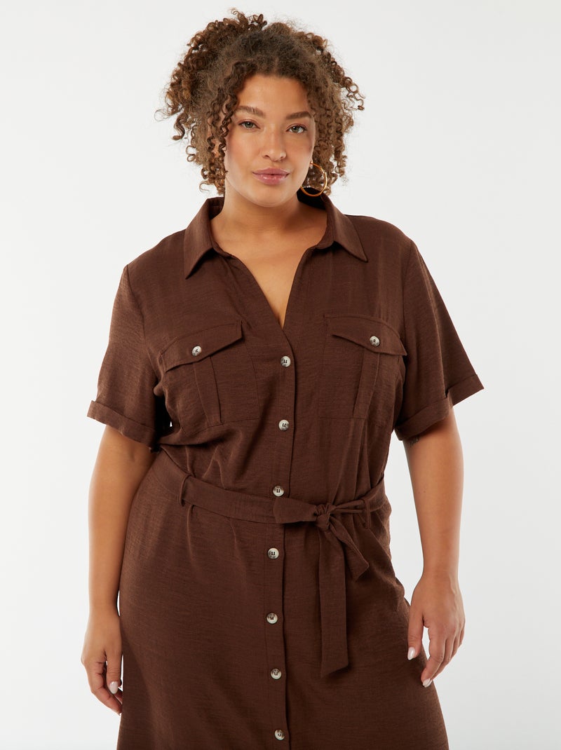Vestido camisero corte midi de manga corta con cinturón Marron - Kiabi