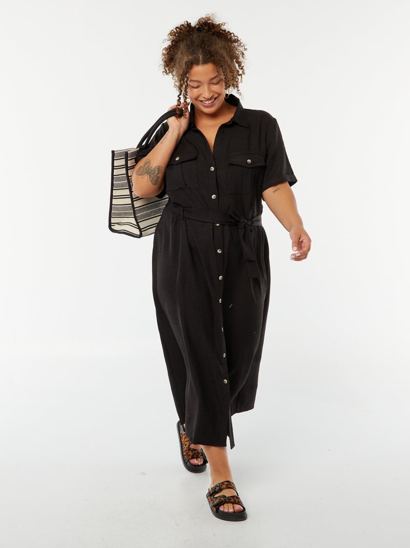 Vestido camisero corte midi de manga corta con cinturón negro - Kiabi