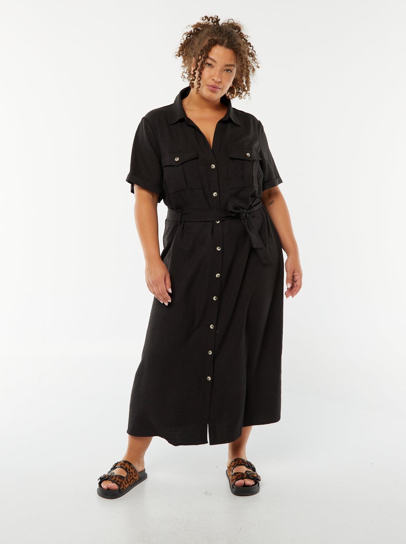 Vestido camisero corte midi de manga corta con cinturón negro - Kiabi