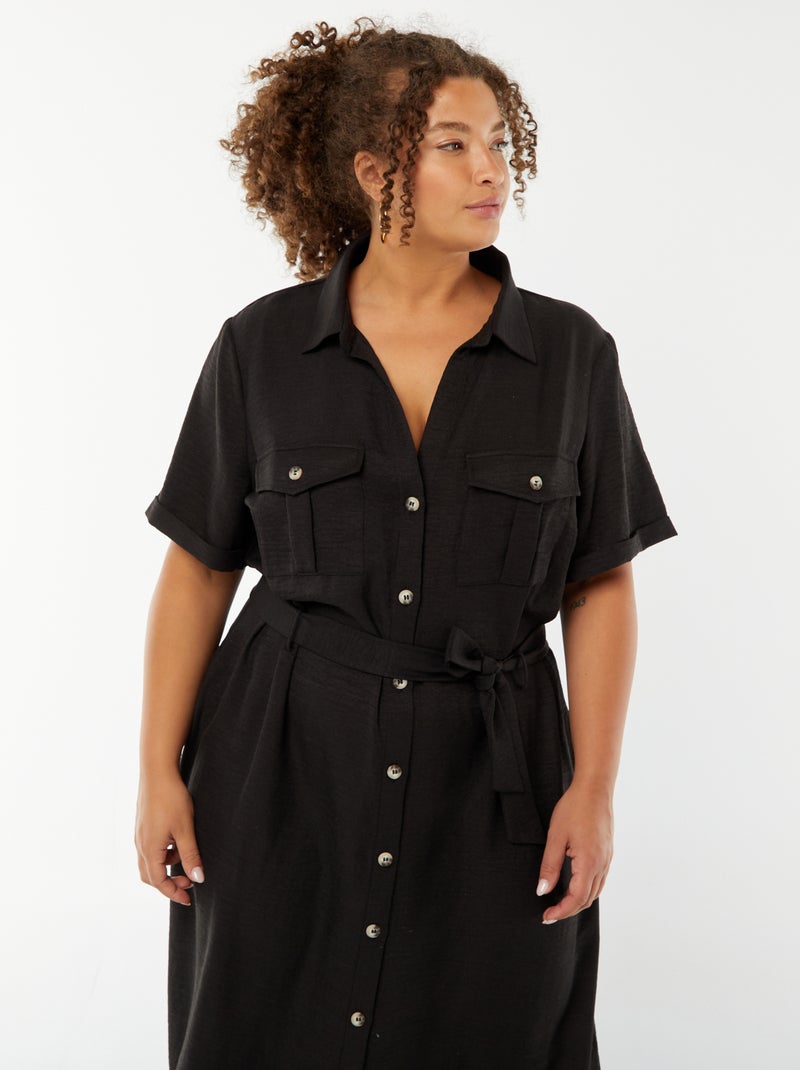 Vestido camisero corte midi de manga corta con cinturón negro - Kiabi