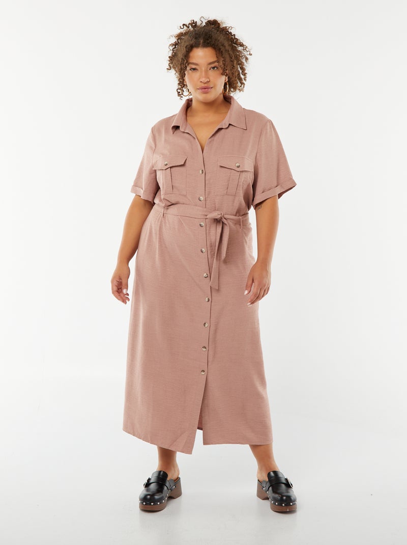 Vestido camisero corte midi de manga corta con cinturón Rosa - Kiabi