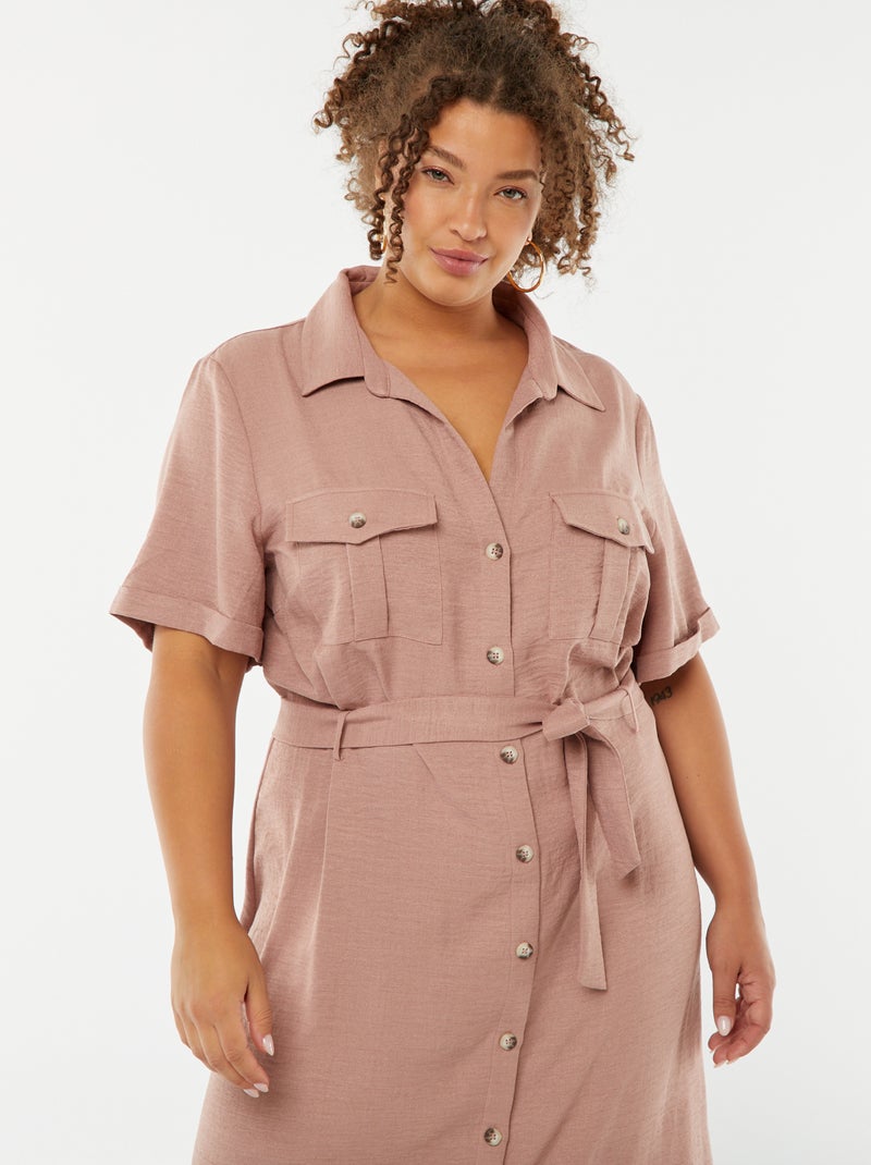 Vestido camisero corte midi de manga corta con cinturón Rosa - Kiabi