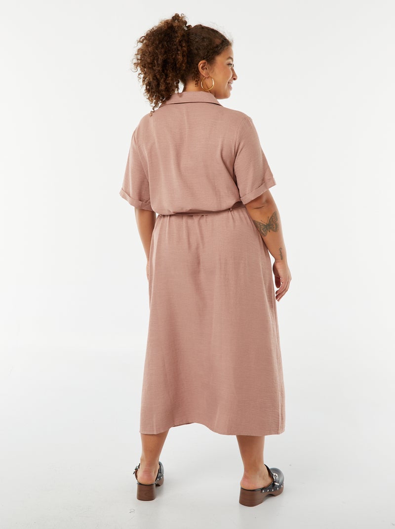 Vestido camisero corte midi de manga corta con cinturón Rosa - Kiabi