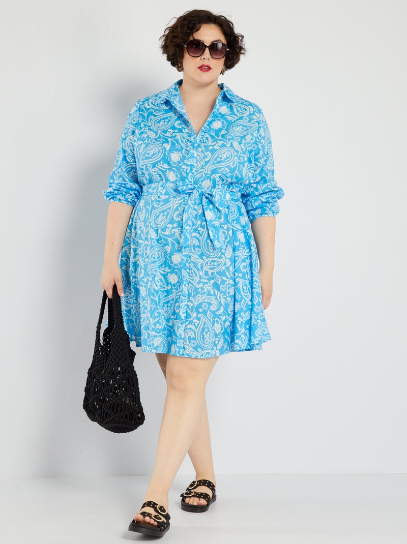 Vestido camisero corto con cinturón AZUL - Kiabi