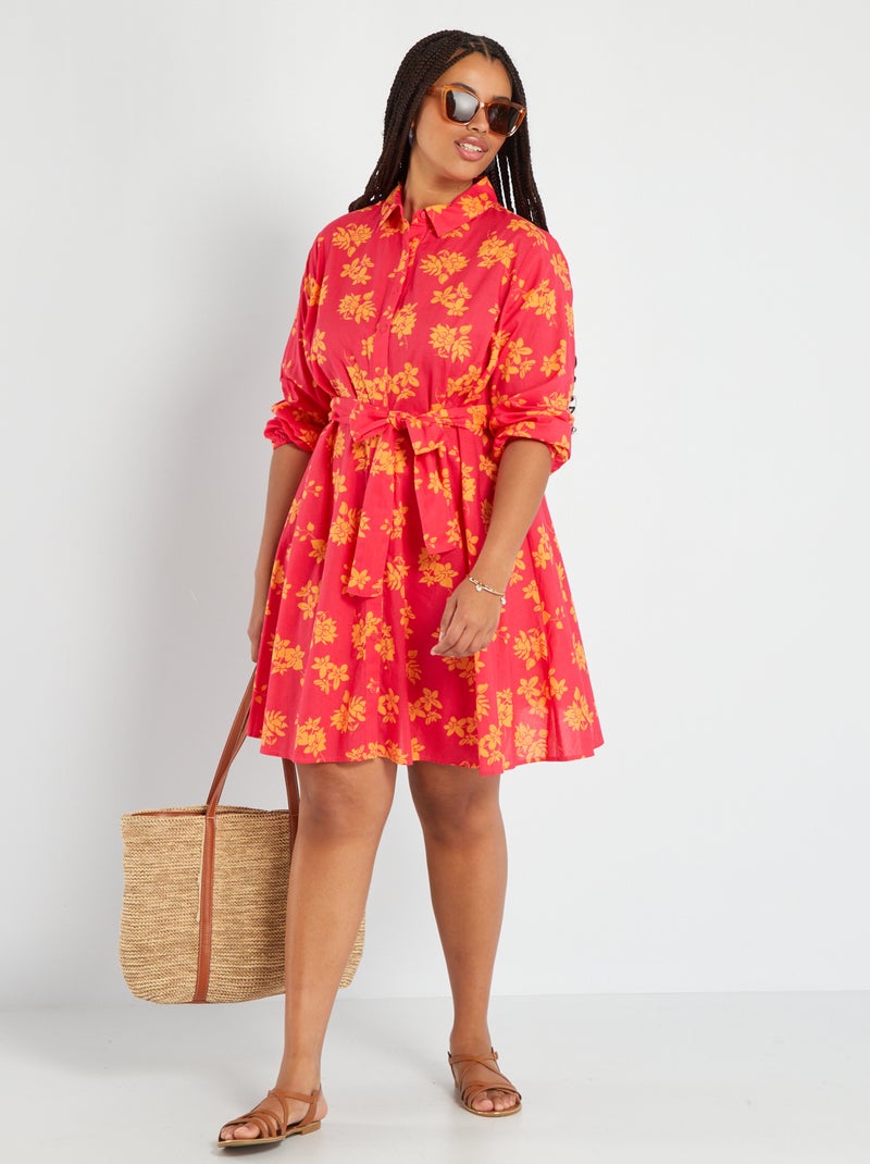 Vestido camisero corto con cinturón ROSA - Kiabi