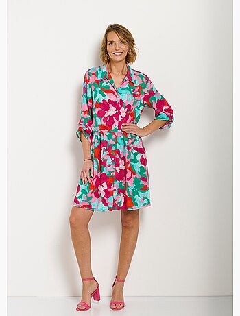 Vestido camisero corto con estampado floral y mangas 3/4 enrolladas - Afibel