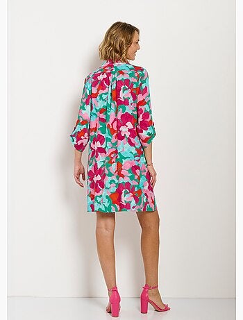 Vestido camisero corto con estampado floral y mangas 3/4 enrolladas - Afibel