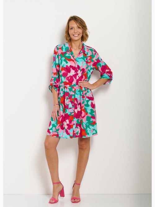 Vestido camisero corto con estampado floral y mangas 3/4 enrolladas - Afibel - Kiabi