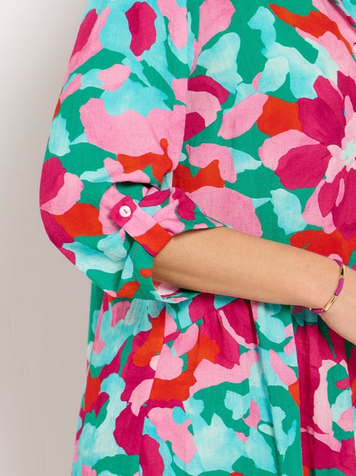 Vestido camisero corto con estampado floral y mangas 3/4 enrolladas - Afibel - Kiabi