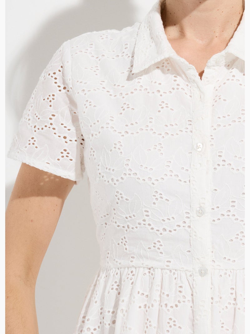 Vestido camisero corto de broderie inglesa - Afibel Blanco - Kiabi