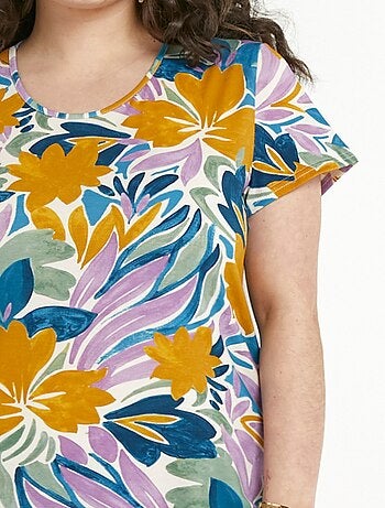 Vestido camisero corto recto con estampado floral y mangas cortas - Afibel