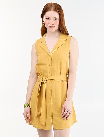 Vestido camisero corto sin mangas de lino mezclado