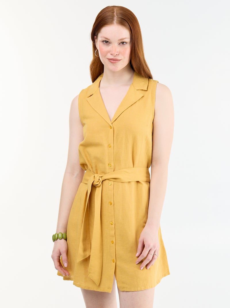 Vestido camisero corto sin mangas de lino mezclado Amarillo - Kiabi
