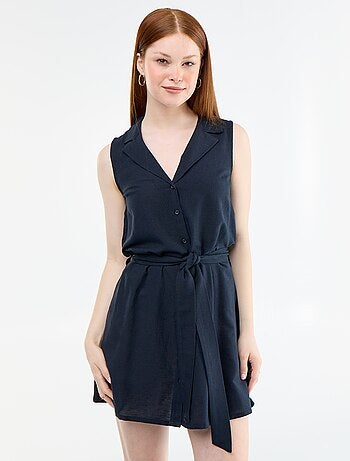 Vestido camisero corto sin mangas de lino mezclado