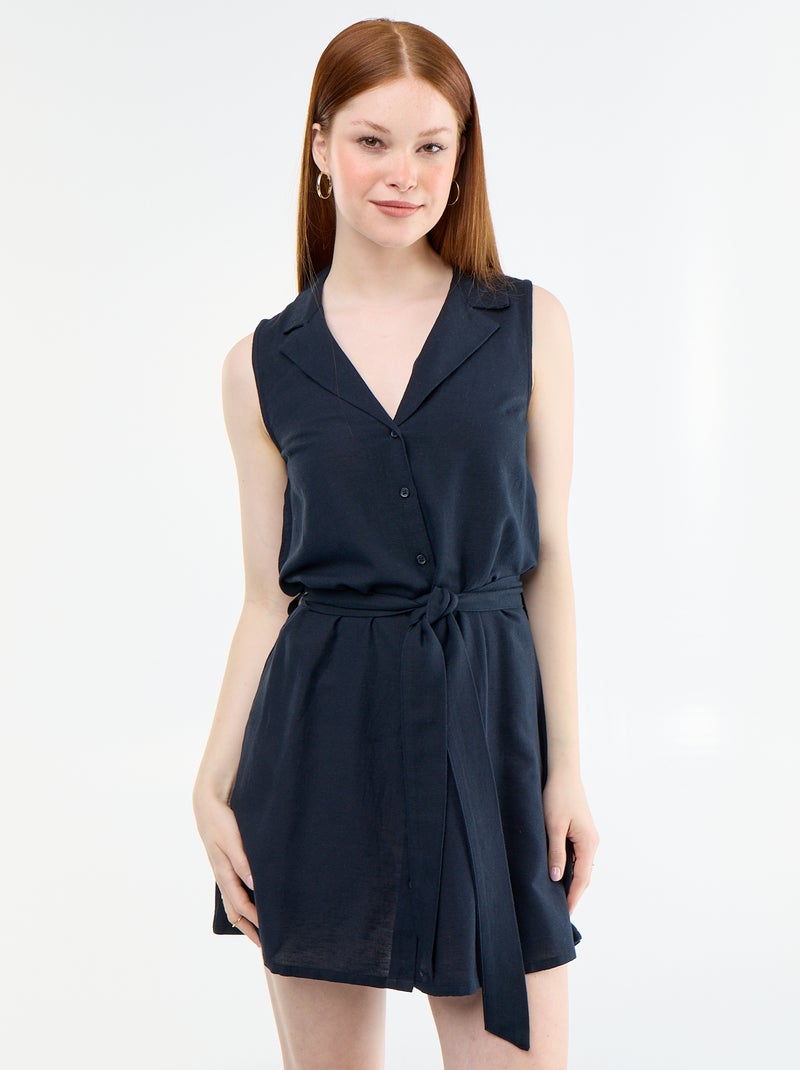 Vestido camisero corto sin mangas de lino mezclado Azul - Kiabi