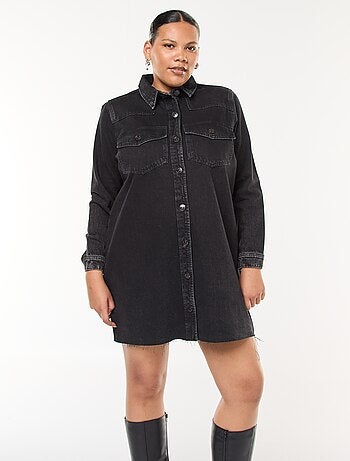 Vestido camisero corto vaquero con acabado deshilachado
