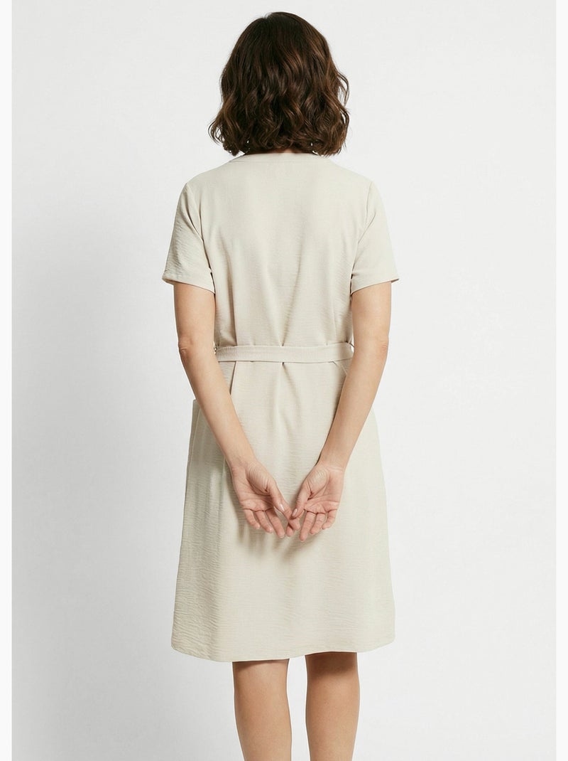 Vestido camisero de crepe, estilo étnico - Afibel Beige - Kiabi