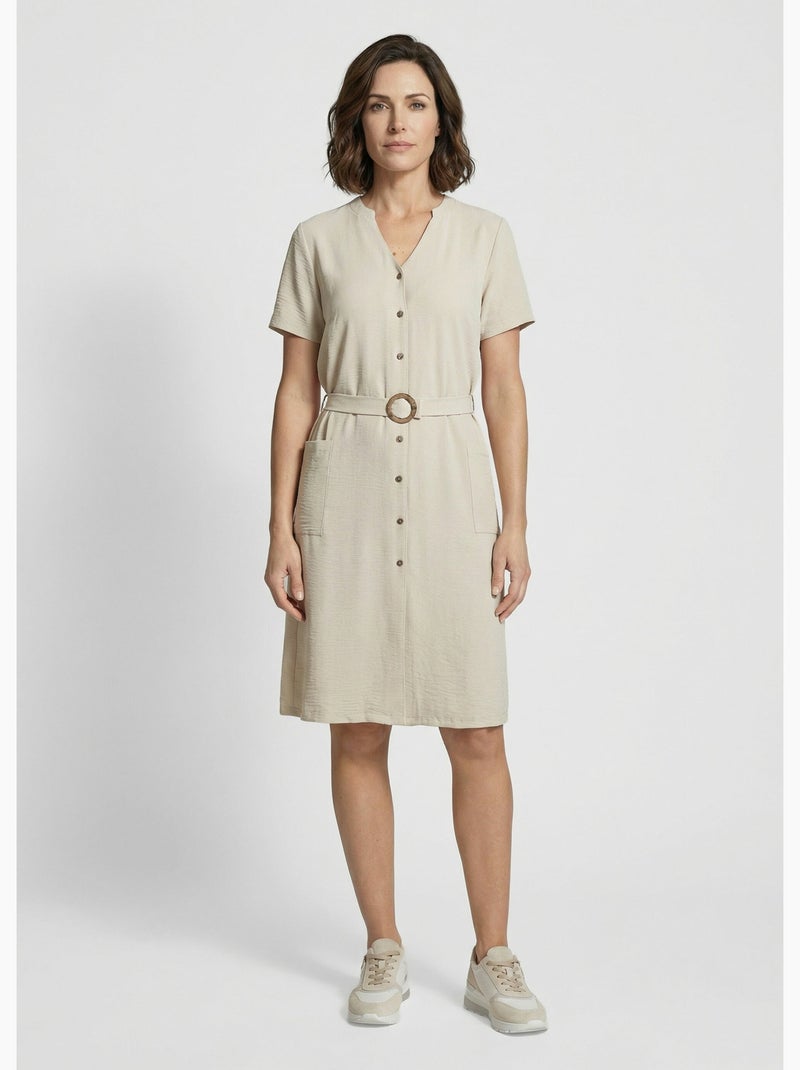 Vestido camisero de crepe, estilo étnico - Afibel Beige - Kiabi