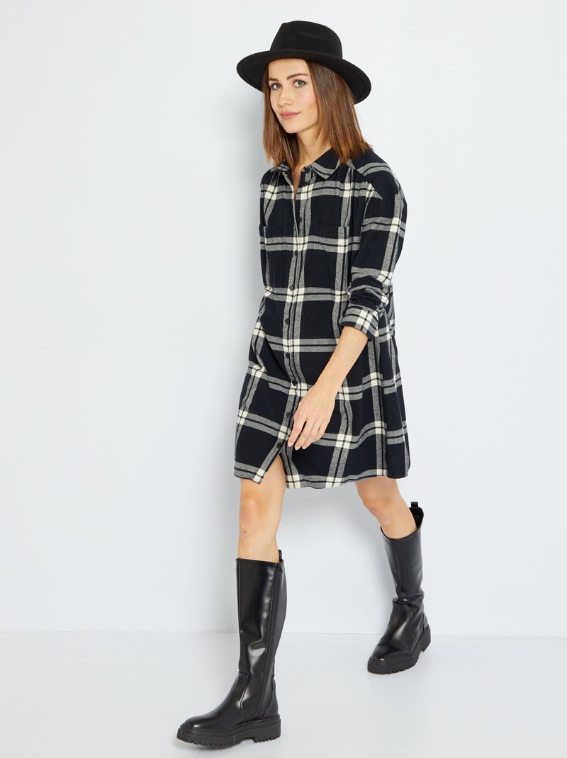 Vestido camisero de cuadros NEGRO - Kiabi