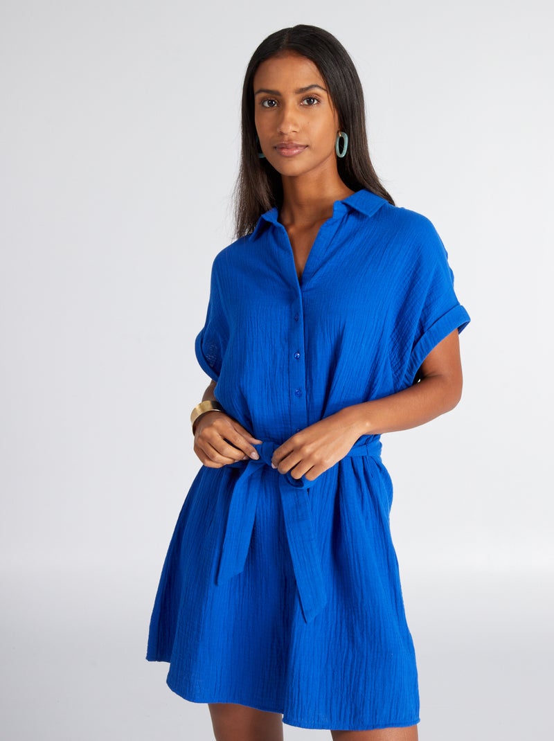 Vestido camisero de doble gasa de algodón AZUL - Kiabi