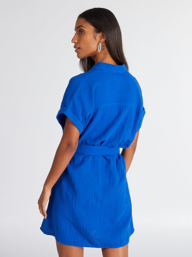 Vestido camisero de doble gasa de algodón AZUL - Kiabi
